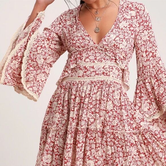 Free People Kristall Berry Red Floral Print Bell Sleeve Mini Dress size large - Picture 7 of 14